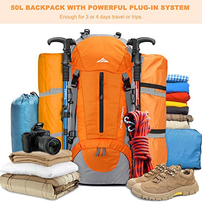 Loowoko 50L Hiking Backpack, Waterproof Camping Essentials Bag with Rain Cover, 45+5 Liter Lightweight Backpacking Back Pack - color: Orange