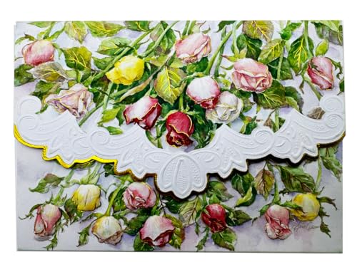 Poster Foundry Set of 3 - Long Stem Roses Boxed Note Cards by Carol Wilson. 10 embossed 4x5 Die-Cut Notecards and Matching Envelopes in Decorative Gift Box with Magnetic Flap. NCP2053 - color: Floral - Long Stem Roses, style: 3 gift box sets / 30 cards to