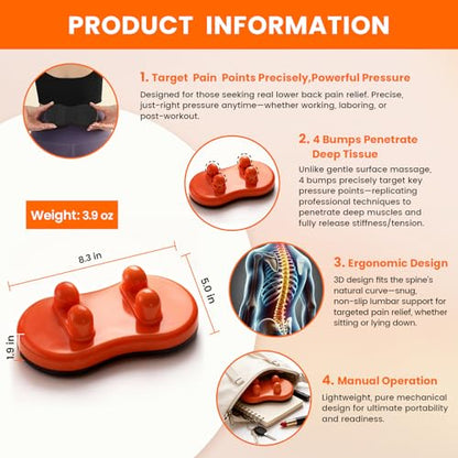 Manual Back Massager, Trigger Point Massage Tool for Lower Back | 4 raised pressure nodes, firm body-weight control, lower back, shoulders and glutes, lightweight manual design, no charging