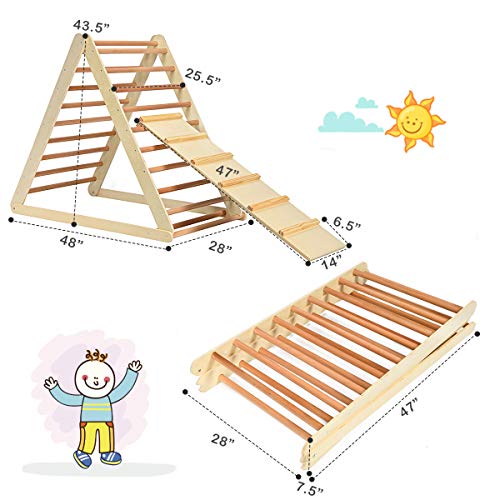 HONEY JOY Triangle Climber with Ramp, 2-in-1 Indoor Toddler Climbing Triangle Set with Ladder & Slide, Foldable Wooden Kids Climbing Toys for Playground, Gym & Daycare, Gift for Boys Girls (Natural) - color: Natural