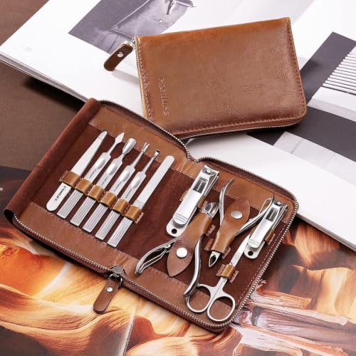 FAMILIFE Manicure Set, 11 in 1 Professional Manicure Kit Nail Clippers Set, Stainless Steel Pedicure Tools Toe Nail Kit, Men Grooming Tool with Portable Brown Leather Travel Case Gifts for Men Women - color: Brown