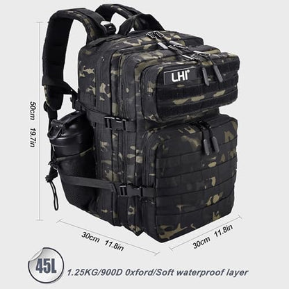LHI Military Tactical Backpack for Men and Women 45L Army 3 Days Assault Pack Bag Large Rucksack with Shoe Compartment - color: 1.2 Black Cp