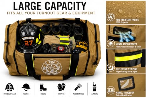 Firefighter Turnout Gear Bag – Heavy Duty Fire Resistant Equipment Duffel with Ventilation Pocket, Reflective Striping, Name Holder & Padded Shoulder Strap – Fireman Gear Bag (Khaki)