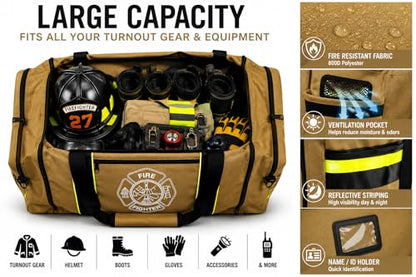 Firefighter Turnout Gear Bag – Heavy Duty Fire Resistant Equipment Duffel with Ventilation Pocket, Reflective Striping, Name Holder & Padded Shoulder Strap – Fireman Gear Bag (Khaki)