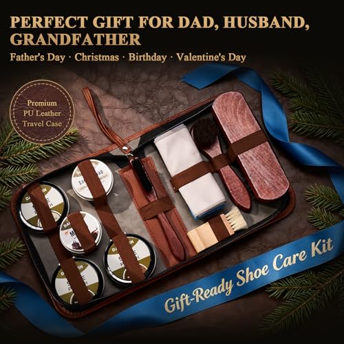 13-Pcs Complete Shoe Shine Kit & Leather Boot Care and Cleaning Kit - 100% Horsehair Brushes, Mink Oil, Saddle Soap, Shoe Polish Kit with Manual & Travel Case - Gift for Dad Husband Father