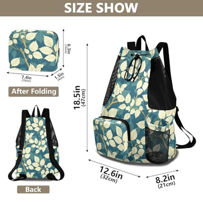 Draw String Back Bag Climbing Gym Bag With Pockets String Back Pack Dry Wet Separation Thyme Leaf Beige Teal