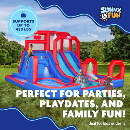SUNNY & FUN Mega Climb N’ Go Inflatable Water Slide Park with Two Slides | Heavy-Duty Oxford Blow-Up Water Park for Kids Backyard with Deep Splash Pool, Air Blower & Carry Bag | Easy Setup & Drainage
