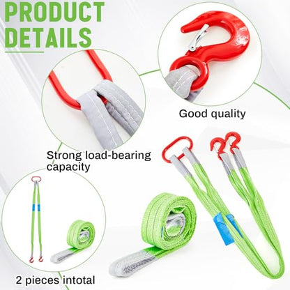 2 Pcs 5 FT Heavy Duty Polyester Lifting Rigging Straps Two Leg Bridle Web Sling with Hook & Twist Eye Lift Strap for Hoist Engine Crane Truck Tow Tree Stump 6613 Lbs Load Capacity, Green