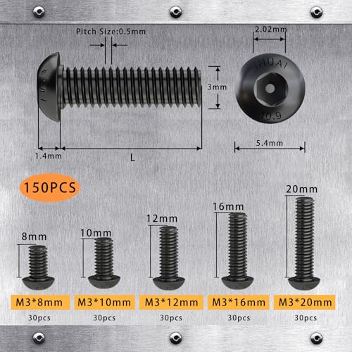M3 x 8mm 10mm 12mm 16mm 20mm Button Head Socket Cap Screws Bolts, 10.9 Grade Alloy Steel, Metric Allen Hex Drive, Black Oxide Finish, Fully Threaded, Assortment Kit 150Pcs - size: Button Head M3x8, 10, 12, 16, 20mm(150pcs)