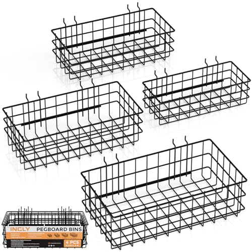 INCLY 4 Pack Pegboard Baskets Bins Set, Black Metal Pegboard Accessories | 4 Size Square Style, Metal Wire Basket, For Any Peg Board Organizing Tools, Workbench Garage Wall Storage - color: Black