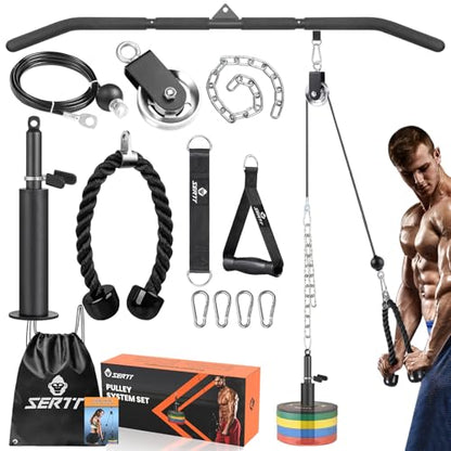 SERTT Cable Pulley System Gym, Power Rack Pulley Attachment with 2-in-1 LAT Pull Down Bar and Upgraded Loading Pin,Used for Triceps Pulldown, Biceps, Back, Shoulder - color: with Aluminium Alloy Pulley