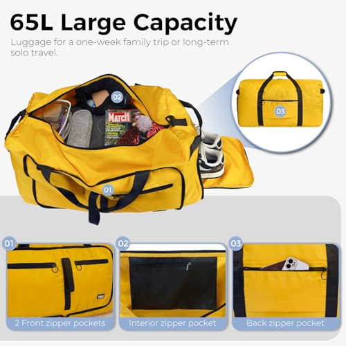 Fmeida 65L Duffle Bag with Shoes Compartment, Foldable Travel Duffel Bags for Men Women, Large Packable Travel Bag Water Repellent & Tear Resistant (Yellow) - color: Glossy Yellow