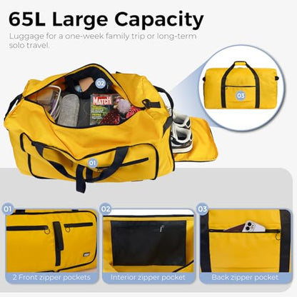 Fmeida 65L Duffle Bag with Shoes Compartment, Foldable Travel Duffel Bags for Men Women, Large Packable Travel Bag Water Repellent & Tear Resistant (Yellow) - color: Glossy Yellow