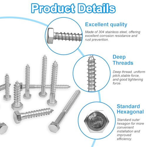 20 Pcs 1/4" x 3" Hex Head Lag Screws, 304 Stainless Steel Lag Bolts Hexagon Head Wood Screws Heavy Duty Large Screws for TV Mounts, Deck, Boat Repair - size: 1/4 x 3"(20 pcs)