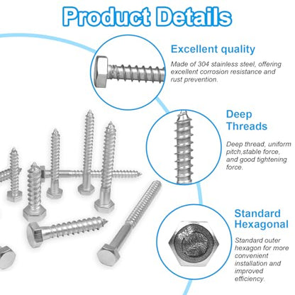 10 Pcs 5/16" x 4" Hex Head Lag Screws, 304 Stainless Steel Lag Bolts Hexagon Head Wood Screws Heavy Duty Large Screws for TV Mounts, Deck, Boat Repair - size: 5/16 x 4"(10 pcs)