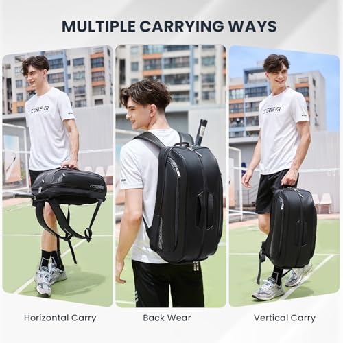Tennis Racket Bag Pickleball Padel Backpack With Shoe Compartment, Laptop Sleeve,Fence Hook,Ball Sleeve - color: Black