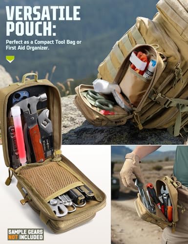 2 Pack Molle Accessories Tactical EDC Pouch, Small Tool Bag, Utility Phone Holder IFAK for Duty Belt, Backpack, Vest (Includes 2 US Flag Patch) - color: Khaki