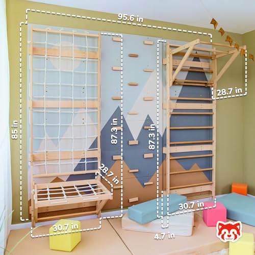 Wood And Hearts 4in1 Modular Swedish Wall Gym Set for Kids Indoor Active Play – Wooden Swedish Ladder with Adjustable Pull-Up Bar, Rope Climbing Wall & Rock Climbing Panels (Base Set + Sit-Up Bar) - style: Base Set + Sit-Up Bar