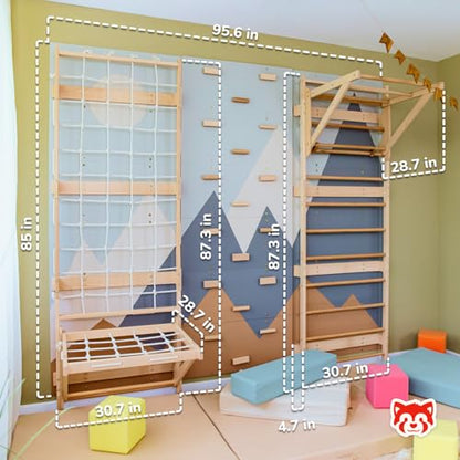Wood And Hearts 4in1 Modular Swedish Wall Gym Set for Kids Indoor Active Play – Wooden Swedish Ladder with Adjustable Pull-Up Bar, Rope Climbing Wall & Rock Climbing Panels (Base Set + Sit-Up Bar) - style: Base Set + Sit-Up Bar
