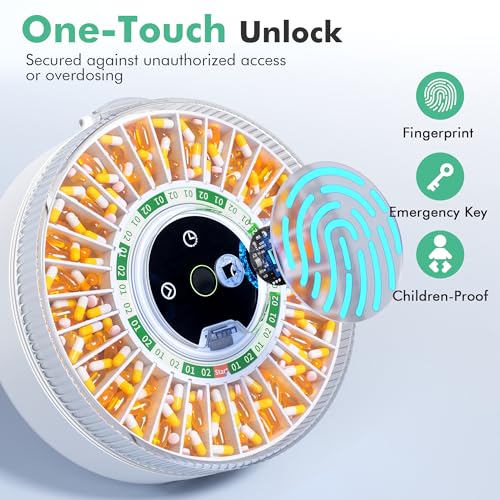PillCalendar Bluetooth Automatic Pill Dispenser for Elderly with Alarm, Smart Pill Dispenser with 31-Slot, Fingerprint& Mechanical Dual Lock Medication Dispenser, Timed Dispenser Machine (Green)