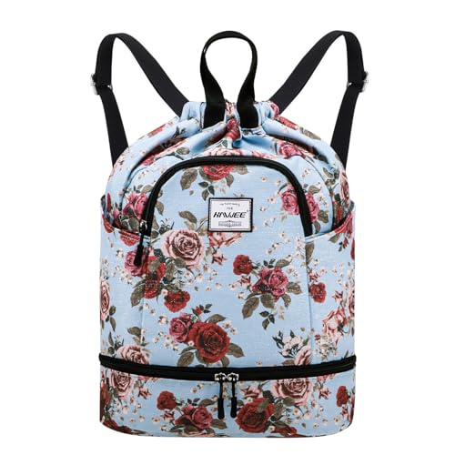 Dry Wet Drawstring Backpack with Shoe Compartment for Women Adjustable Gym Bag - color: Rose With Silver Silk