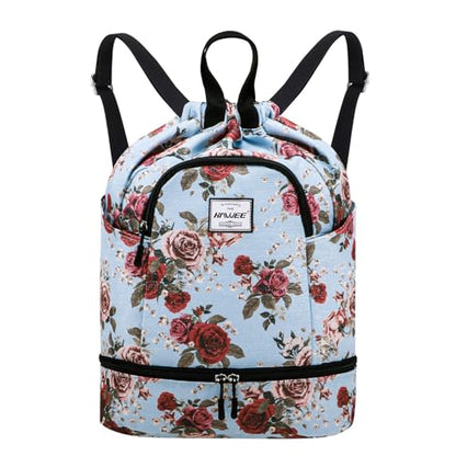 Dry Wet Drawstring Backpack with Shoe Compartment for Women Adjustable Gym Bag - color: Rose With Silver Silk
