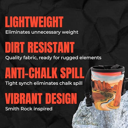 Rock Climbing Chalk Bag | for Outdoor, Gym, & Bouldering | Adjustable Waist Belt, Durable Drawstring Closure, & Zippered Pocket - style: Smith Rock