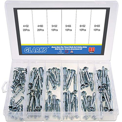 Glarks 80Pcs 6 Size Heavy Duty Zinc Plated Steel Molly Bolt Hollow Drive Wall Anchor Screws Assortment Kit for Drywall, Plaster and Tile - size: 80Pcs 6 Sizes Assortment Set