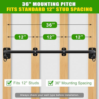 SELEWARE 32"/36" Wall Mount Pull Up Bar Joist Mount Chin Up Bar for Doorway | Heavy Duty Steel Construction Support 450 lb, w/Resistance Band Hooks, Fits 32"/36" Wall Studs for Home Gym Strength Training - size: A: 36" x 1.3" Dia Grip