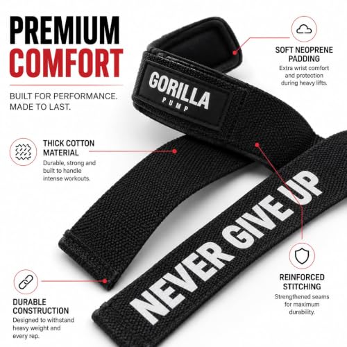 Pair of Deluxe Straps for Weights, Dumbbells, Gym and Crossfit with Non-Slip Grip and Durable Never Give Up Design - color: Black