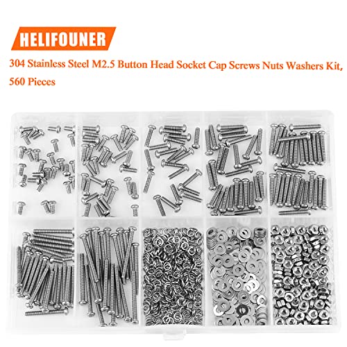 HELIFOUNER 560 Pieces M2.5 x 4mm /6mm /8mm /10mm /12mm /16mm /20mm, Button Head Socket Cap Screws Bolts Washers Nuts Kit, 304 Stainless Steel - size: M2.5, style: Button Head Socket Cap