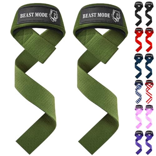 TECEUM Lifting Straps for Weightlifting Gym Strength Training - Wrist Straps with Neoprene Padded Cotton - Men & Women – Ideal for Powerlifting, Bodybuilding & Deadlifts - color: Military Green, size: 18" - Beast Mode