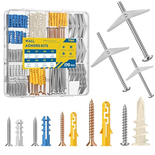 Vibit 170 Pcs Self Drilling Drywall Anchors, Heavy Duty Wall Anchors for Drywall, Toggle Bolts for Drywall & Hollow Walls, Carbon Steel & Plastic Dry Wall Anchors and Screws Kit for Hanging