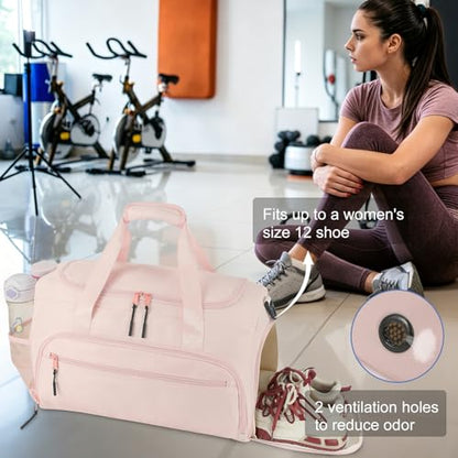 Gym Bag for Men Women, Sports Duffle Bag with Wet Pocket & Shoes Compartment, Water Resistant Overnight Weekender Bag Duffel Bag - color: Pink