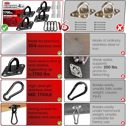 sprookber 304 Stainless Steel Pad Eye Snap Hooks, M10 Heavy Duty Ceiling Hook, 1700lb Capacity Hammock Swing Hanging kit, Plant Hangers, Marine Hardware Staple Hook Loop with Screws, Set of 8(Black) - size: 4 Inch, style: Black Rhombus