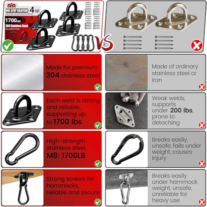 sprookber 304 Stainless Steel Pad Eye Snap Hooks, M10 Heavy Duty Ceiling Hook, 1700lb Capacity Hammock Swing Hanging kit, Plant Hangers, Marine Hardware Staple Hook Loop with Screws, Set of 8(Black) - size: 4 Inch, style: Black Rhombus