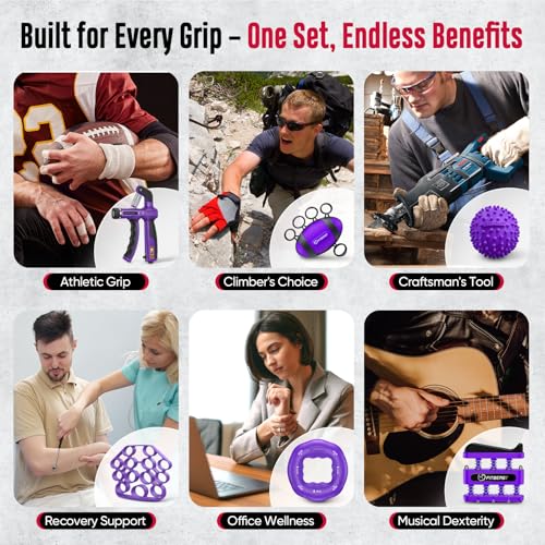 FitBeast Grip Strength Trainer, Hand Gripper Strengthener Kit - 6 Pack with Adjustable Resistance Forearm Strengthener, Forearm Exerciser and Massage Balls for Hand Therapy, Grip Training - color: Purple