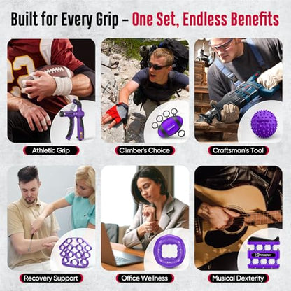 FitBeast Grip Strength Trainer, Hand Gripper Strengthener Kit - 6 Pack with Adjustable Resistance Forearm Strengthener, Forearm Exerciser and Massage Balls for Hand Therapy, Grip Training - color: Purple