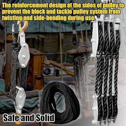 Hoist Pulley System Multifunctional 2200 LBS Breaking Strength | 3/8 Rope for Lifting Hoisting Rigging Garage Shop Hunting Farm Construction Industrial Warehouse Marine Overhead Recovery - color: Black..