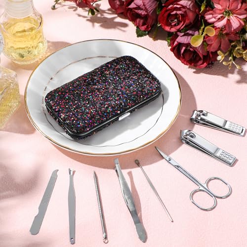Geosar 12 Set 8 in 1 Manicure Kit Gifts Stainless Steel Nail Clippers Set Pedicure Care Tools with Leather Case Travel Portable Grooming Kit for Women Men Nurse Hands Foot(Glitter Dark Red) - color: Glitter Dark Red