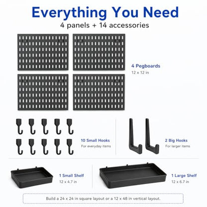 Pegboard Wall Organizer Kit – Heavy Duty 20lbs Load Bearing, Easy Installation, 4 Peg Board Panels 14 Accessories – Multi-Surface Use For Garage, Office, Kitchen & Crafts (Black Pegboard,24″×24″) | 24 x 24 Inch Modular Peg Board Panels with 14 Accessories