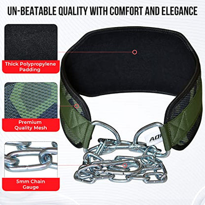 AQF Dip Belt with 36" Steel Chain - Neoprene Padded Back Support Belt | Secure Carabiners for Weighted Pull ups, Dips, Gym, Powerlifting, Bodybuilding, Squat & Fitness - color: Green Camo