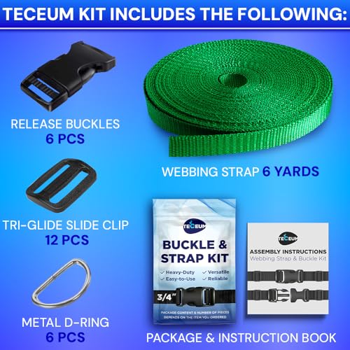 TECEUM 3/4" Nylon Strap Kit with Buckles, Green 6 yards Repair Set | Heavy duty hardware kit: 6yd webbing, 6 quick release buckles, 12 tri-glide slide clips, 6 metal D-rings for crafting. - color: Green, size: 3/4" - 6 yards, style: 6 Buckle - 12 Slides -