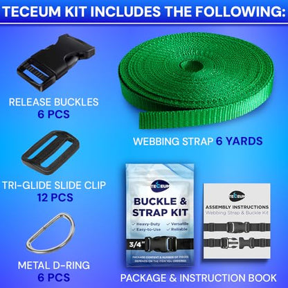 TECEUM 3/4" Nylon Strap Kit with Buckles, Green 6 yards Repair Set | Heavy duty hardware kit: 6yd webbing, 6 quick release buckles, 12 tri-glide slide clips, 6 metal D-rings for crafting. - color: Green, size: 3/4" - 6 yards, style: 6 Buckle - 12 Slides -