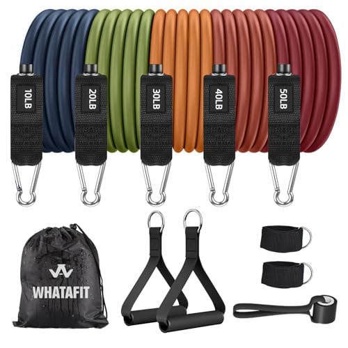 WHATAFIT Resistance Bands with Handles, 5-Level Exercise Bands for Workout | Natural latex,10-50 lbs, stackable to 150,Ankle Straps, Door Anchor,Guide. For Strength, Yoga,Home Gym,Travel & Workout. - color: Orange Red