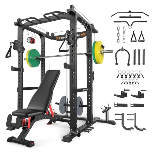 SPORTSROYALS Power Rack, Multi-Functional Power Cage, Squat Rack with Pulley System & LAT Pull Down, Workout Cage with J Hooks for Home Gym - color: Black, style: 140LB Colorful Package with BC