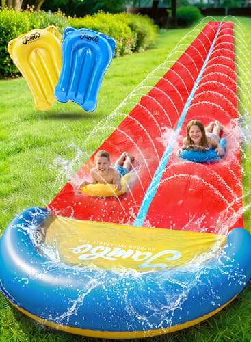 JAMBO 32FT Extra Extra Long Slip Splash and Slide, 2 Bodyboards, Heavy Duty Water Slide with Inflatable Crash Pad, Double Lane Slip Slides, Outdoor Backyard Water Slides n Toys for Kids - color: 32' Multicolor