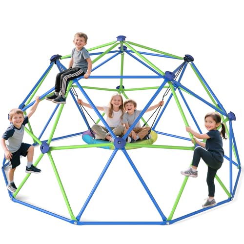 Climbing Dome Jungle Gym with Swing 10 ft Outdoor Playset Kids Playground - color: Blue + Green
