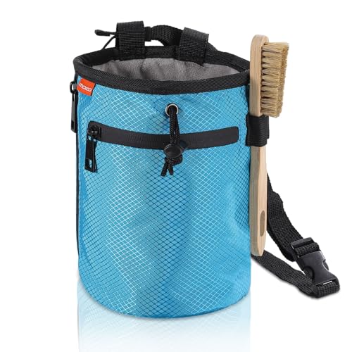 MoKo Climbing Chalk Bag with Chalk Brush, Waterproof Nylon Bouldering Chalk Bag Bucket with 2 Large Zippered Storage Pockets Drawstring Closure Adjustable Belt Chalk Bag for Climbing Gymnastics - color: Light Blue, style: Straight