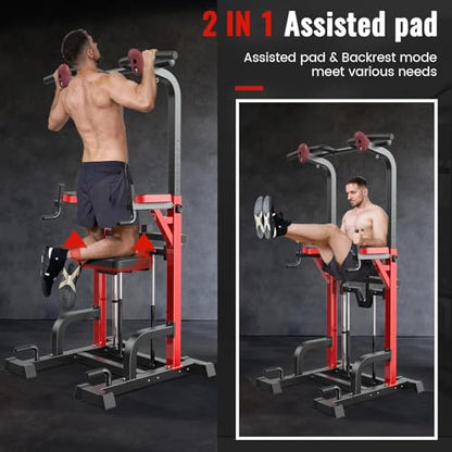 Pooboo Power Tower Dip Station Pull Up Bar for Fitness Home Gym Workout,450 Pounds Multi-Function Adjustable Height Fitness Strength Training Exercise Equipment,with Power Elastic Ropes - color: Black10